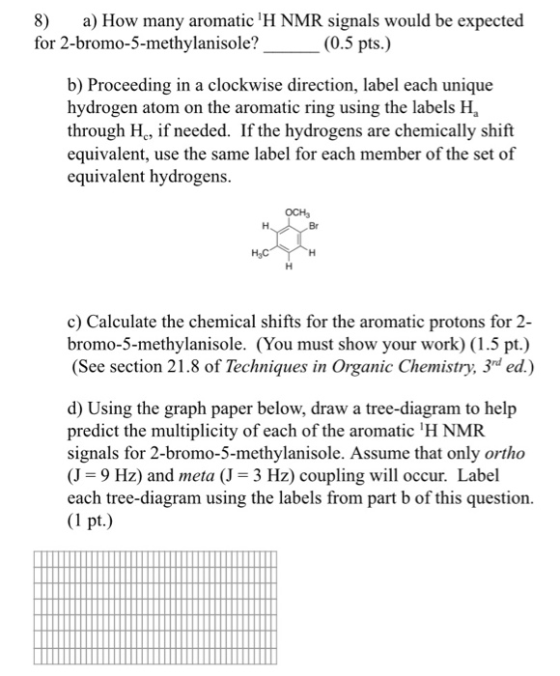 8) a) How many aromatic H NMR signals would be expected for 2-bromo-5-methylanisole? (0.5 pts.) b) Proceeding in a clockwise