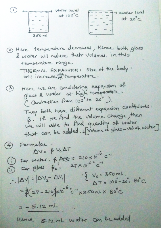 → wafar level す→ Water lerd 3 so ml Here temperature decrease, Hence both glass & water wl raduce thehr Volumas. in ths temparature range THERMAL ExPANSION Size ot the body will increase temperature with Here we are considering expansion glass & water at hig temperne bo从have diptennr expansion CaeHdients Th ey B. ve RAnd te vdume change then we will able to And quantity of waten muae - 5.12 mL watur on be added