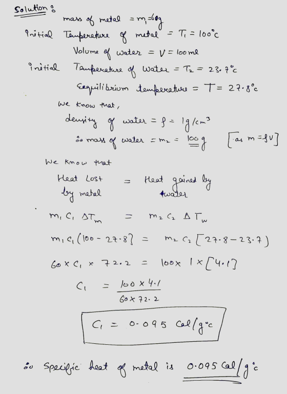 metal = malog Solution mass of metal Initial Temperature of metal = Ti = 100°C of water = v= loome initial Temperature of wat