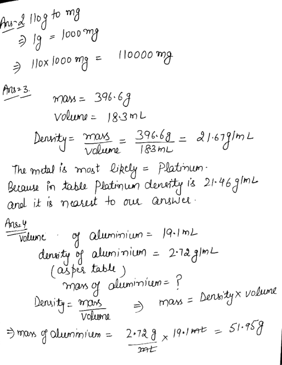 Ansa llog to my lg = 1000 mg 110x 1000 mg = 110000 mg Ans 23. mass= 396.6g volume = 18.3mL Density= maxs - 396.68 = 21679lmL