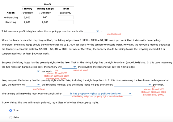 Total (Dollars) Action No Recycling Recycling Profit Hiking Lodge (Dollars) 800 1,800 Tannery (Dollars) 2,800 2,000 Total eco