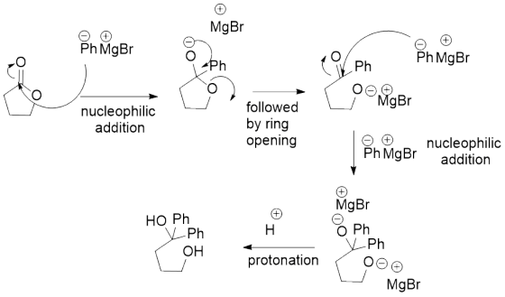 MgBr Ph MgBr Ph MgBr Ph gBr nucleophilic addition followed by ring opening ΘΘ nucleophilic Ph MgB addition MgBr HO Ph O Ph Ph