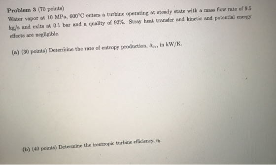Problem 3 (70 points) Water vapor at 10 MPa, 600°C enters a turbine operating at steady state with a mass flow rate of 9.5 kg