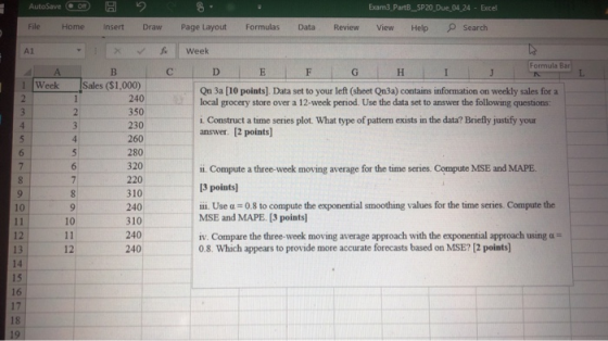 AutoSave of Exam3 PartB_SP20_Due_04_24 - Excel File Home insert Draw Page Layout Formulas Data Review View Help Search ΑΙ For