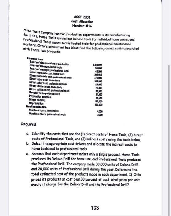 ACCT 2301 Cost Allocation Handout #16 Os company has two production departments in its manufacturing acilities. Home Tools sp