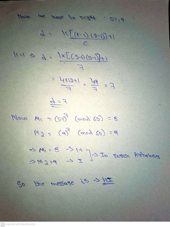 Now we have to Degpit 57,9 de l[(P-1) (8-1)] + k=ts d - 1x[05-068-138+1 ㅋ 4x12+1 T F/IT ㅋ da Now Mi (55) (mod 65] =8 Maa (a)?