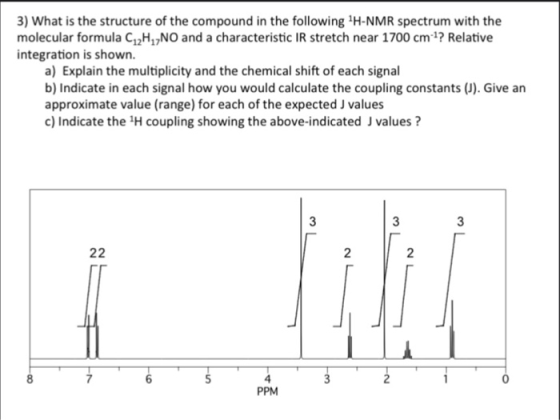 3) What is the structure of the compound in the following 1H-NMR spectrum with the molecular formula C2H, NO and a characteri