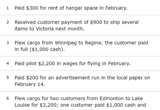 1 Paid $300 for rent of hangar space in February. 2 Received customer payment of $900 to ship several items to Victoria next