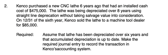 Kenco purchased a new CNC lathe 6 years ago that had an installed cash cost of $475,000. The lathe was being depreciated over