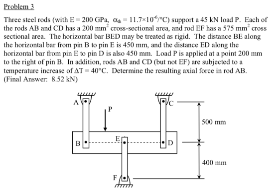 Problem 3 Three steel rods (with E-200 GPa, Cla = 1 1.7x10-6/oC) support a 45 kN load P. Each of the rods AB and CD has a 200 mm cross-sectional area, and rod EF has a 575 mm2 cross sectional area. The horizontal bar BED may be treated as rigid. The distance BE along the horizontal bar from pin B to pin E is 450 mm, and the distance ED along the horizontal bar from pin E to pin D is also 450 mm. Load P is applied at a point 200 mm to the right of pin B. In addition, rods AB and CD (but not EF) are subjected to a temperature increase of ΔΤ-400C. Determine the resulting axial force in rod AB. Final Answer: 8.52 kN) 500 mm 400 mm