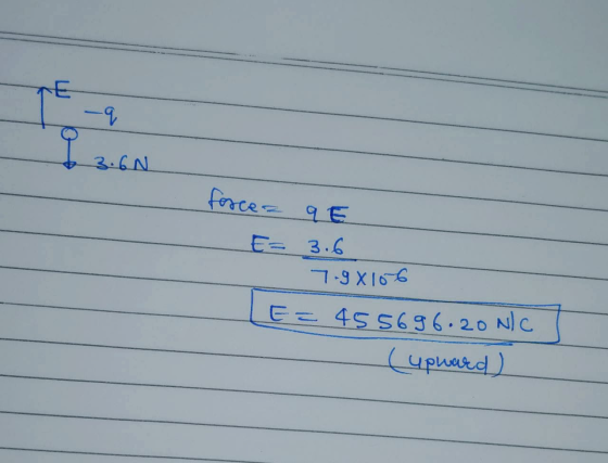 force 9E E= 3.6 - 7.98156 TE=455696.20N/c - (upward)