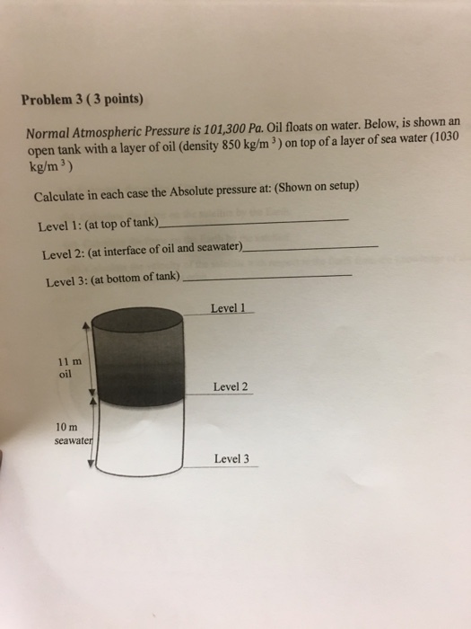 Normal Atmospheric Pressure Is 101 300 Pa Oil Floats On Water Below 