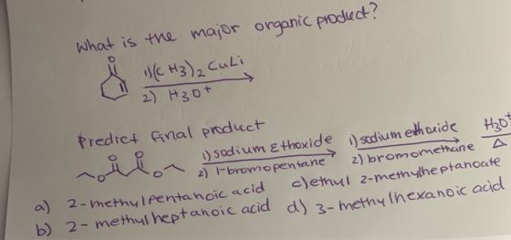 What is the major organic product? i)(CH3)₂ Culi 2) H3O+ Prediet final product i) sodium ethoxide in sodium ethoxide Hot 2) I
