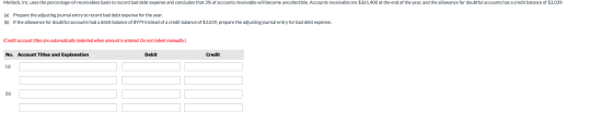 Metlock, Inc. uses the percentage-of-receivables basis to record bad debt expense and concludes that 3% of accounts receivabl