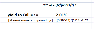rate =r = (fv/pv)^(1/t)-1 yield to Call =r= 2.01% [if semi annual compounding] (590/513)^(1/14)-1) *2