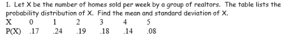 1. Let X be the number of homes sold per week by a group of realtors. The table lists the probability distribution of X. Find