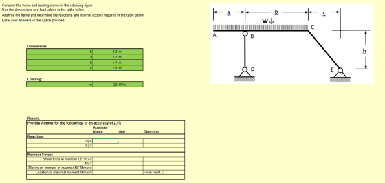 Consider the frame and loading shown in the adjoining figure Use the dimensions and load values in the table below Analyse the frame and determine the reactions and internal actions required in the table below. Enter your answers in the space provided. Dimensions: 4.2 m Loadin 20 kN/m Results Provide Answer for the followings to an accuracy of 2.5% Absolute Value Unit Direction Reactions Member Forces Shear force in member CE Vce Maximum moment in member BC Mmax Location of maximal moment Mmax From Point C