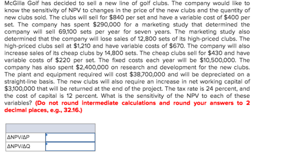 McGilla Golf has decided to sell a new line of golf clubs. The company would like to know the sensitivity of NPV to changes i
