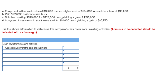 a. Equipment with a book value of $81,000 and an original cost of $164,000 was sold at a loss of $36,000. b. Paid $109,000 ca