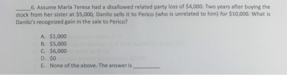 6. Assume María Teresa had a disallowed related party loss of $4,000. Two years after buying the stock from her sister at $5,
