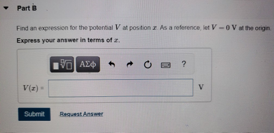 Part B Find an expression for the potential V at position 2. As a reference let V = 0 V at the origin. Express your answer in