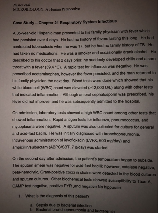 Nester etal MICROBIOLOGY: A Human Perspective Case Study-Chapter 21 Respiratory System Infectious 5-year-old Hispanic man pre