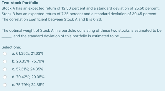 Two-stock Portfolio Stock A has an expected return of 12.50 percent and a standard deviation of 25.50 percent. Stock B has an