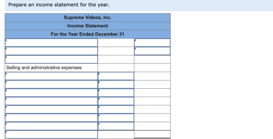 Prepare an income statement for the year. Supreme Videos, Inc. Income Statement For the Year Ended December 31 Selling and ad