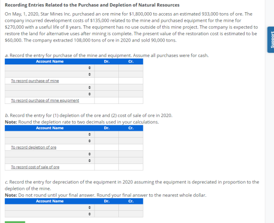 Recording Entries Related to the Purchase and Depletion of Natural Resources On May, 1, 2020, Star Mines Inc. purchased an or