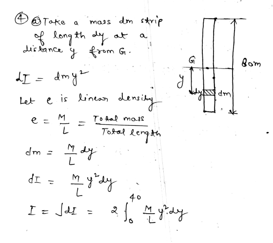 ② ® Take a mass dm strip of longth dy at a Rom distance y from G. dI = dmy2 Let e. is lineas density ī - Total length dm = L