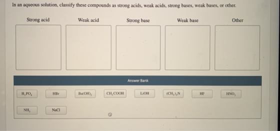 In an aqueous solution, classify these compounds as strong acids, weak acids, strong bases, weak bases, or other. Strong acid