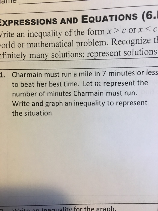 affie XPRESSIONS AND EQUATIONs (6. rite an inequality of the form >corx<c orld or mathematical problem. Recognize t finitely many solutions; represent solutions 1. Charmain must run a mile in 7 minutes or less to beat her best time. Let m represent the number of minutes Charmain must run. Write and graph an inequality to represent the situation. Writo an ineguality for the graph