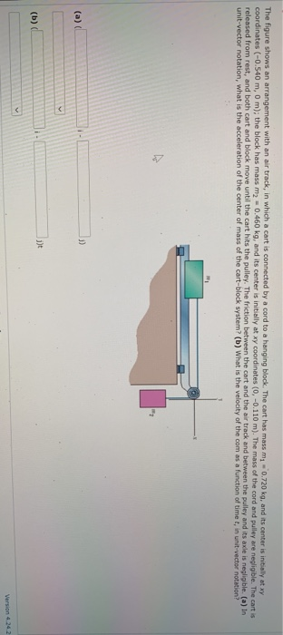 The figure shows an arrangement with an air track, in which a cart is connected by a cord to a hanging block. The cart has ma