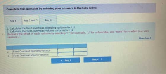 Complete this question by entering your answers in the tabs below. Req 1 Reg 2 and 3 Reg 4 2. Calculate the fixed overhead sp