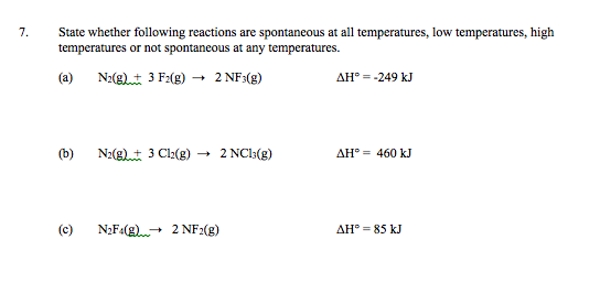 State whether following reactions are spontaneous at all temperatures, low temperatures, high temperatures or not spontaneous