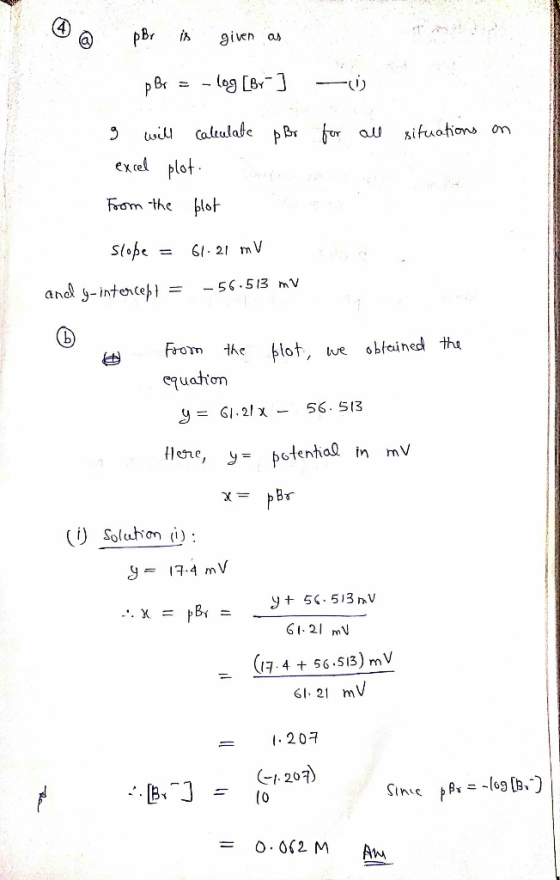4 @ por is given as p Br = -log[BY-] Br for all situations on g will calculate excel plot. From the plot slope = 61.21 mV and