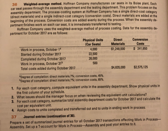 36 Weighted average method. Hoffman Company manufactures car seats in its Boise plant. Each car seat passes through the assem