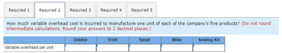 Required 1 Required 2 Required 3 Required 4 Required 5 How much variable overhead cost is incurred to manufacture one unit of