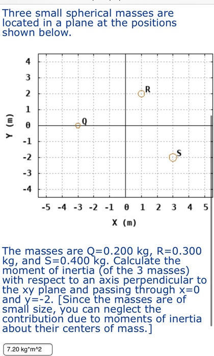 Three small spherical masses are located in a plane at the positions shown below. 4 R 2 1 -1 -2 -3 -4 1 2 3 4 -5 -4 -3 -2 -1