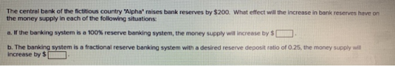 The central bank of the fictitious country Alpha raises bank reserves by $200. What effect will the increase in bank reserv