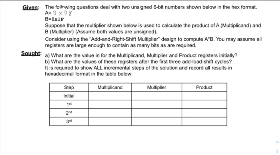 Given: The following questions deal with two unsigned 6-bit numbers shown below in the hex format. A= 0x08 B=0x15 Suppose tha