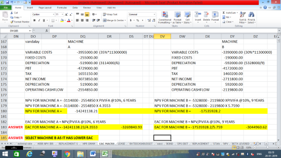 Home nert Page Layout Formulas Data Review View dd-Ins Σ AutoSum Calibri ー E ゴWrap Text General Copy Paste Sort &Find & チFormat Painter B l U. ーータ.Δ. -=- 還便困Merge & Center. $,%,,Ma conditional Format Cell Insert Delete Format Formatting, as Table w styles. Styles 2 ClearFe Select Edting ▼ ㆆ ▼ Clipboard Font DV185 IX) vandalay I03 DT DU DV 113AM IISE 167 168 169 170 MACHINE MACHINE VARIABLE COSTS FIXED COSTS DEPRECIATION PBT TAX NET INCOME DEPRECIATION OPERATING CASHFLOW 3955000.00 (35%+11300000) VARIABLE COSTS FIXED COSTS DEPRECIATION PBT TAX NET INCOME DEPRECIATION OPERATING CASHFLOW 3390000.00 (30%*11300000) 255000.00 190000.00 519000.00 (3114000/6) 592000.00 (5328000/9) 172 173 174 175 176 -4729000.00 1655150.00 3073850.00 519000.00 2554850.00 4172000.00 1460200.00 2711800.00 592000.00 -2119800.00 178 179 N PV FOR MACHINE A =-31 14000-2554850 X PIVI FA @ 10%, 6 YEARS NPV FOR MACHINE A 3114000 2554850 X 4.3553 NPV FOR MACHINE A- NPV FOR MACHINE B-.5328000-2 119800 XPIVIFA @10%, 9 YEARS NPV FOR MACHINE B -5328000 2119800 X 5.7590 NPV FOR MACHINE B17535928.2 14241138.21 181 182 183 ANSWER EAC FOR MACHINE A -14241138.21/4.3553 -3269840.93EAC 184 185 ANSWERSELECT MACHINE B AS IT HAS LOWER EAC HH externa EAC FOR MACHINE A-N PV/PVI FA @ 10%, 6 YEARS EAC FOR MACHINE B-NPV/PVIFA @ 10%. 9 YEARS FOR MACHINE B--17535928.2/5.759 -3044960.62 l rate MIRR NPV IRR REPLACEMENT S HPR GMAM EAC MACRS LEASE RATIOCASHBUDGET wacc BOND EPS EBITREPLACEMENT STats NPV BETA LEVERED0 130%