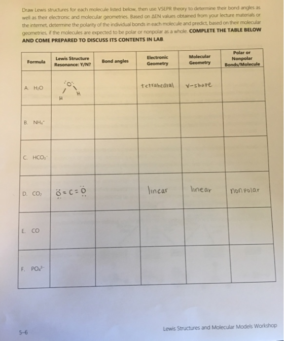 Draw Lewis structures for each molecule listed below, then use VSEPR theory to determine their bond angles as well as their e