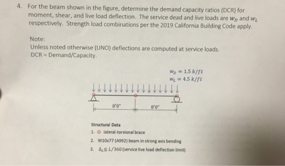 4. For the beam shown in the figure, determine the demand capacity ratios (DCR) for moment, shear, and live load deflection.