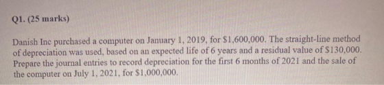 Q1. (25 marks) Danish Inc purchased a computer on January 1, 2019, for $1,600,000. The straight-line method of depreciation w