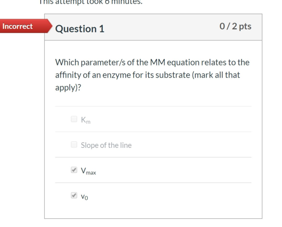 This allempl look 6 minutes. Incorrect Question 1 0/2 pts Which parameter/s of the MM equation relates to the affinity of an