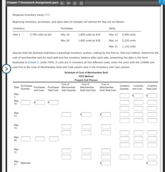 Chapter 7 Homework Assignment (part Perpetual Inventory Using FIFO Beginning inventory, purchases, and sales data for prepaid