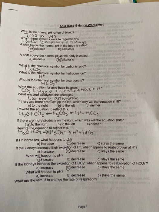 Acid-Base Balance Worksheet What is the normal pH range of blood? HOND 7.35 to 7.45. Which three systems work to regulate pH?