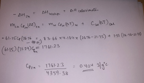 H calorimalb + AH water - AH 2n 1 CaATal ५,),, AT) min Can + -61.15CP(26-76 82.66 X4.184x (26-76-21.15) +151 (26 16-21-1s) 11