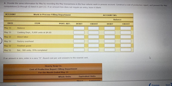 2. Provide the same information for May by recording the May transactions in the four-column work in process account. Constru